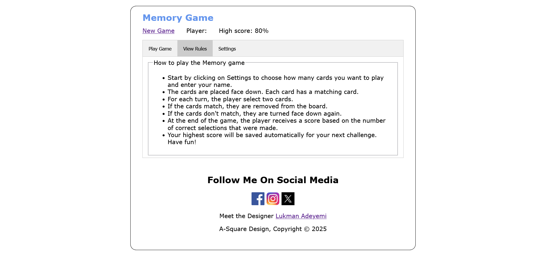 Memory Game — Rules Page